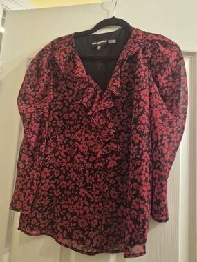 Karl Lagerfeld Black Blouse with Pink Floral Ruffle Front